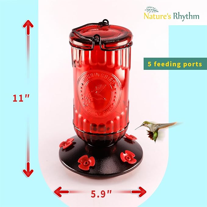 Nature's Rhythm Bird Feeder Vintage Red Antique Glass Bottle Hummingbird Feeder 5 Feeding Ports and 23-Ounce Nectar Capacity Per Feeder