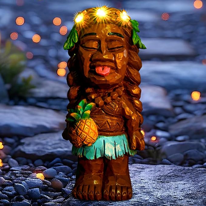 Solar Tiki Girl Garden Statues Tiki Lady Holding Pineapple Figurine with Flower LED Lights Bar Patio Porch Yard Outdoor Decorations Christmas Thanksgiving Birthday Gardening Gift for Mom Women
