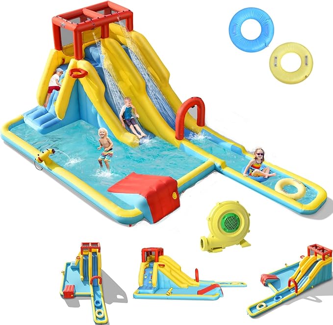 BOUNTECH Inflatable Water Slide, Dual Slides Kids Water Slide Park Bouncy Castle w/950W Blower, 2 Swimming Rings, Large Splash Pool, Backyard Outdoor Blow up Water Slides Inflatables for Big Kids