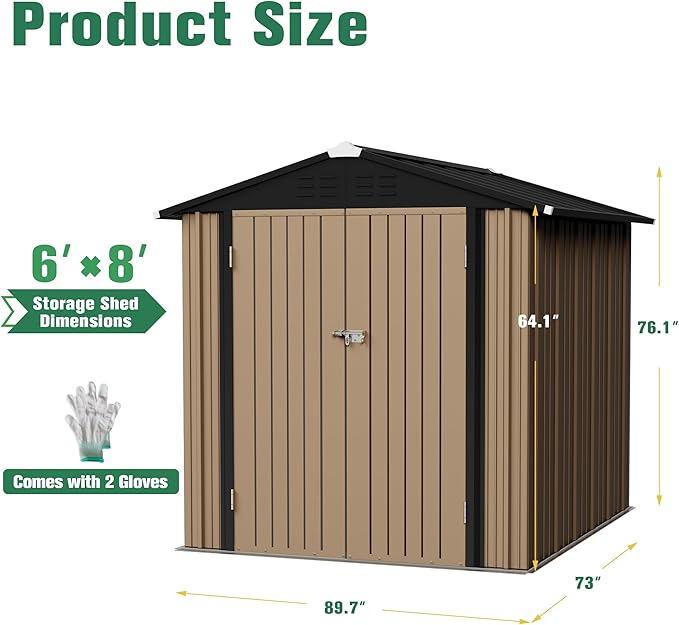 Flamaker 6x8 FT Storage Shed Waterproof Metal Garden Shed with Lockable Door Utility Tool Shed Outdoor Storage for Backyard, Patio and Lawn
