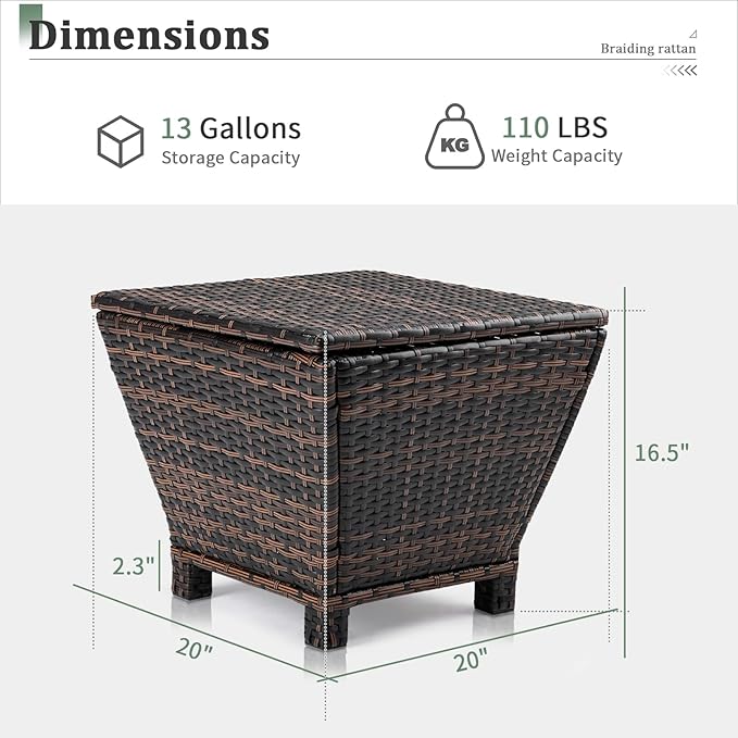 Outvita Outdoor Side Table, Rattan Coffee Table with Storage 13 Gallon Patio Small Deck Storage Box for Cushion Towel Books, Brown Side Table with lid