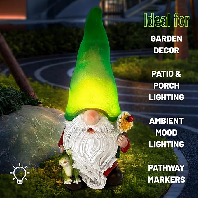 Gnome with Frog and Flower, Solar Garden Lights, Decor for Yard, Patio, Lawn - Novel Gift for Women, Mom, Friends(Green Hat Gnomes)