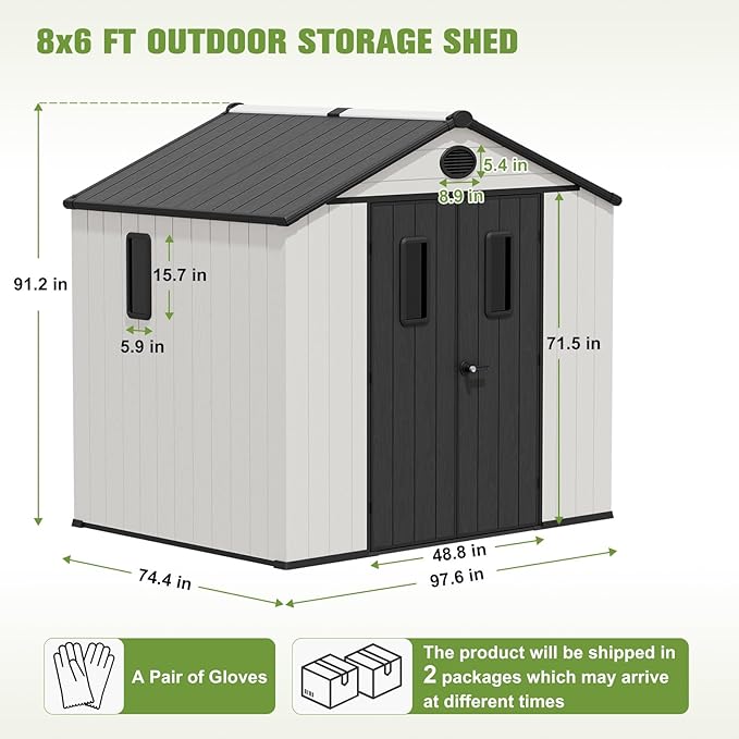 COOS BAY 8x6 Outdoor Resin Storage Shed with Floor, 2 Lockable Doors, All-Weather Durable Garden Shed for Tools & Equipment, White/Gray