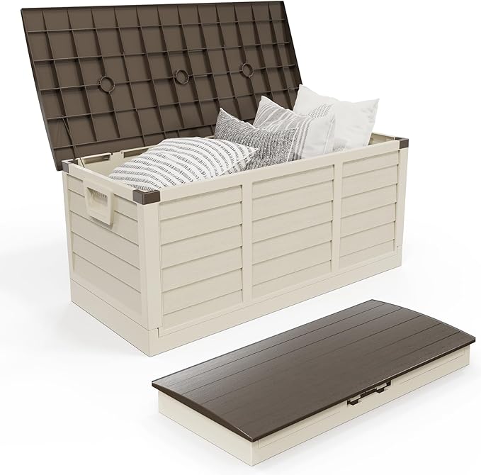 Outvita Foldable 75 Gallon Outdoor Storage Box, Plastic Storage Containers with Lid, Patio Deck Box Furniture for Garden, Pool, Balcony, Yard (Brown)