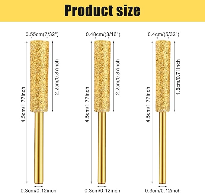 60pcs Diamond Chainsaw Sharpener Bits High Hardness Plated Burr Grinding Stone with 3 Different Sizes 5/32, 3/16, 7/32 Inches for Chain Saws Jewelry Metal Wood Polishing