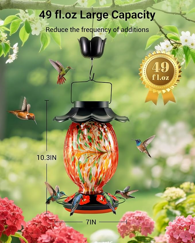 Solar Hummingbird Feeder - 49 fl.oz Hand Blown Glass Color Changing - 7 Feeding Ports with Perch - Never Leak - Perfect Hummingbird Feeder