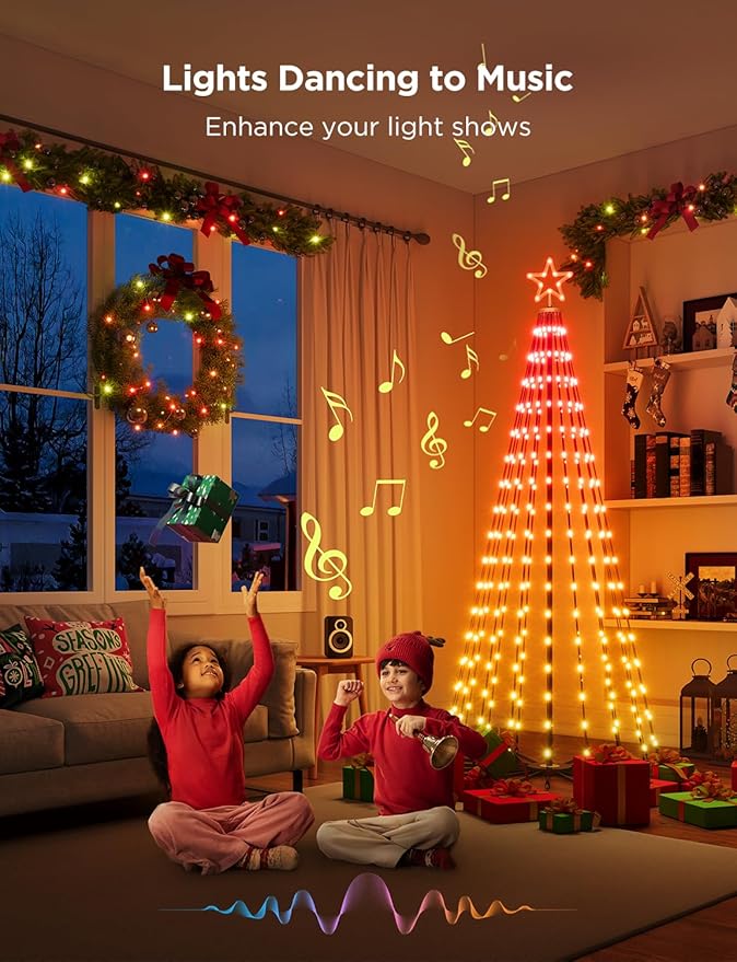 Govee Christmas Cone Tree Lights, 7.5ft 370 LEDs RGBIC Christmas Tree Lights with Smart App Control, IP67 Waterproof Outdoor String Lights for Christmas Decorations, 82+ Scene Modes, Music Sync