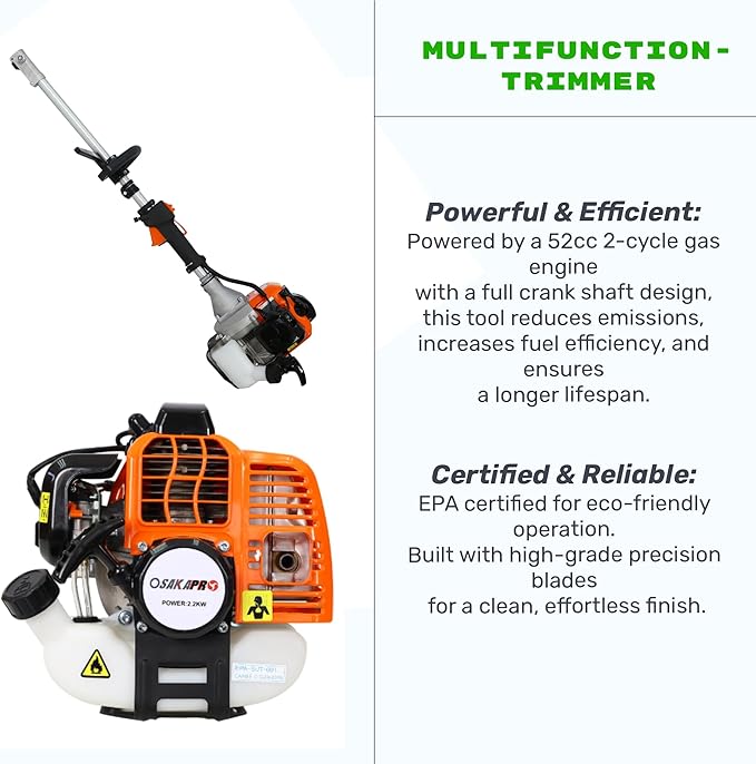 52cc 2-Cycle Gas Multi-Trimmer | 4-in-1 String Trimmer w/Rotatable Pole Saw, Weed Eater Weed Wacker, Brush Cutter & Hedge Trimmer Gas for Lawn, Yard, Garden Care, All-in-one Garden Tool