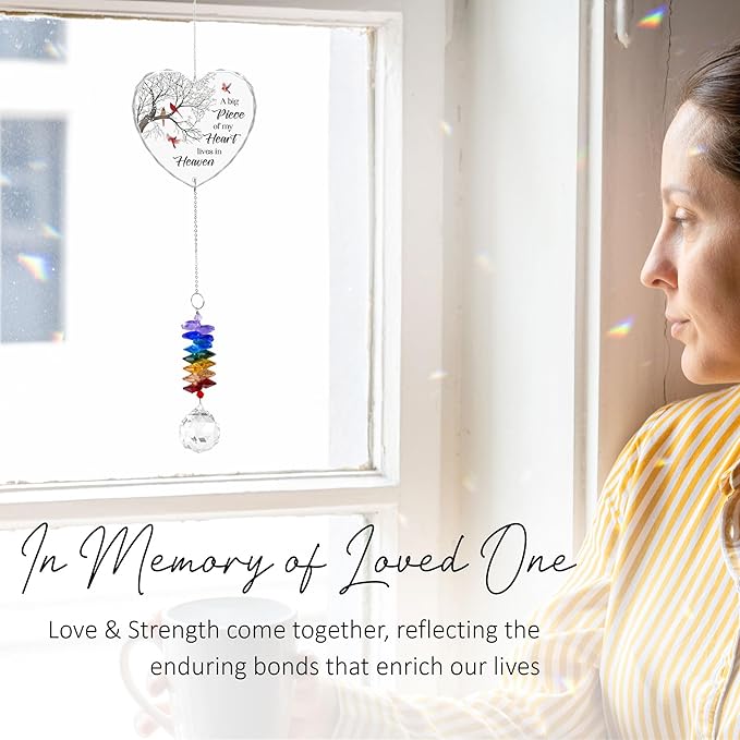Glass Suncatcher Ornament - A Big Piece of My Heart Lives in Heaven - Sympathy Gifts for Loss of Loved Ones - Christmas Tree Remembrance Hanging Pendant - Crystal Rainbow Maker