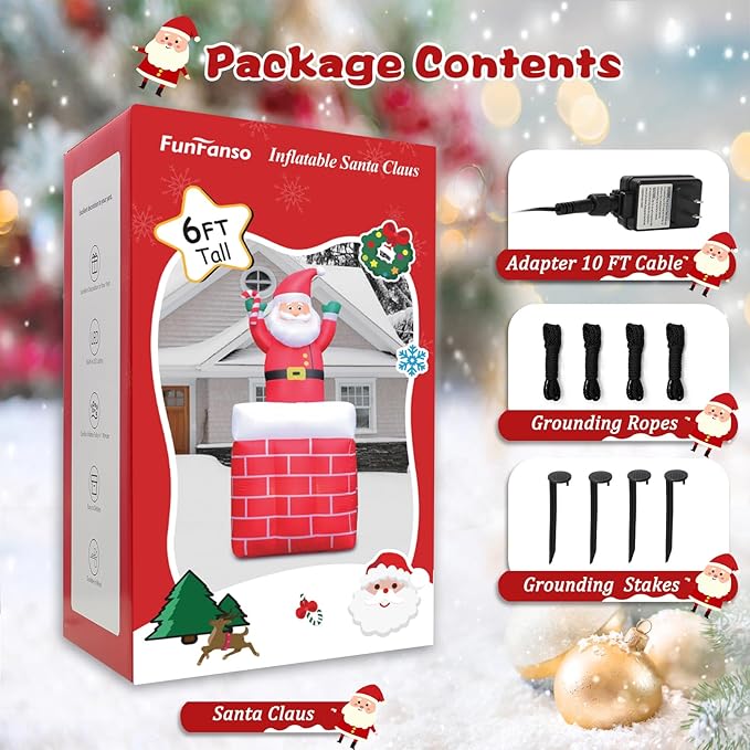 6FT Christmas Inflatables Santa Claus in The Chimney Automatic Up and Down, Outdoor Blow Up Santa Claus Yard Decorations Built-in LED Lights, Indoor Yard Party Lawn Garden Holiday Decor