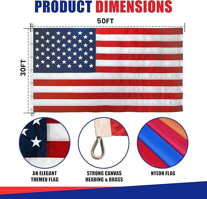 Super Tough 30ft x 50ft Nylon American Flag | Embroidered Stars and Sewn Stripes | Brass Grommets | Heavy-Duty Outdoor Flag | Fade Resistant American Flag Made in USA | All Weather Nylon