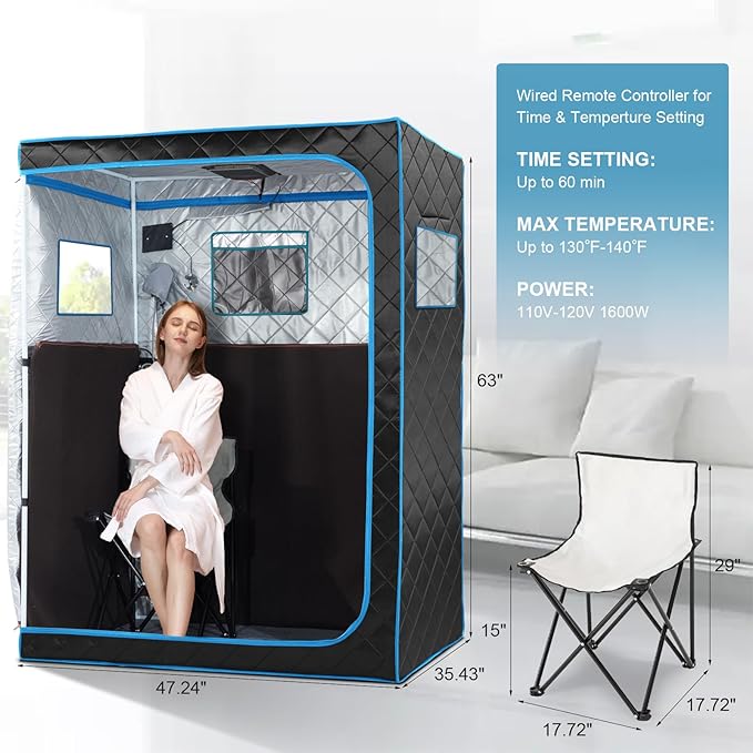 Portable Infrared Sauna for Home, 2 Person Sauna Tent for Relaxation & Detox, Dry Heated Personal Indoor Sauna with Remote Control, 2 Foldable Chairs, Full Body Spa for Gym/Pilates/Garage