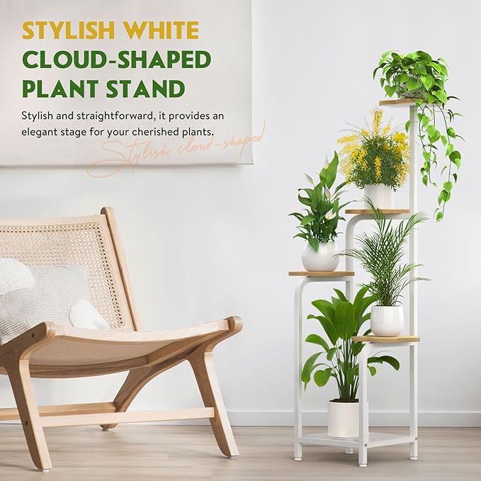 TOSKING 5 Tier Metal Plant Stand Indoor 48''H Tall ,Heavy Duty Plant Shelf , Corner Shelf Flower Pot Stand for Outdoor Plant Stand for Living Room Balcony Garden Patio Bedroom (5 Tier-White and Wood)