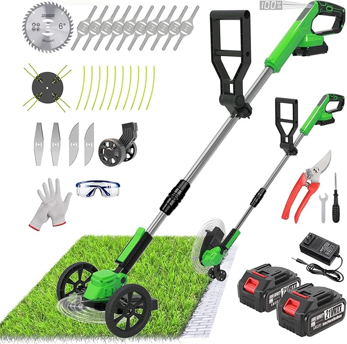 Cordless Weed Wacker Eater Battery Powered, 21V Lightweight Electric Weed Trimmer with 2 Battery Operated & Charger& Wheels & Shears, No-String Grass Trimmer/Brush Cutter/Lawn Edger for Yard Garden