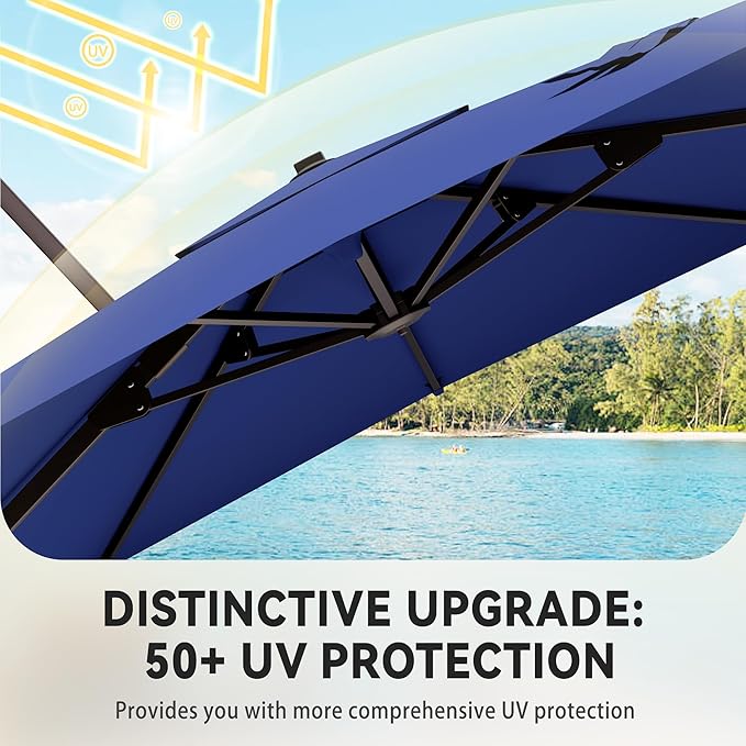 9' X 12' Cantilever Patio Umbrella with Base Included 360°Rotation Rectangular Outdoor Large Offset Umbrellas Heavy Duty Windproof for Garden Deck Pool, Navy