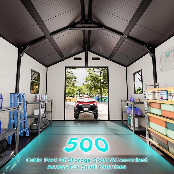 8x8x7.8 Shed with Floor, Heavy-Duty Plastic Resin Sheds & Outdoor Storage, Garden Tool Shed for Backyard, Patio, Bike Storage with Lockable Awning Windows & Reinforced Steel Frame 23-Gauage