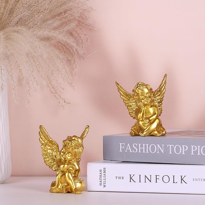 orenm 2 Pack Resin Cherubs Gold Angel Statue Figurine, Garden Sleeping Cherub Statue Sculpture Indoor Outdoor Home Decoration, Cute Adorable Angle Sculpture Memorial Statue(4" Height) (Gold)