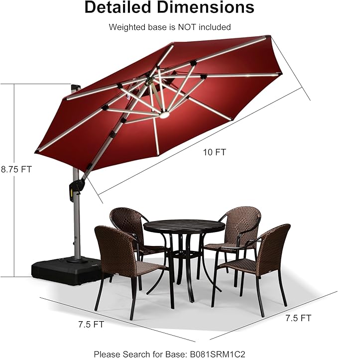 PURPLE LEAF 10ft Solar powered LED Patio Umbrella Outdoor Round Umbrellas Large Cantilever Umbrella with LED lights Windproof Offset Umbrellas Heavy Duty Sun Umbrella for Garden Deck Pool Patio, Terra