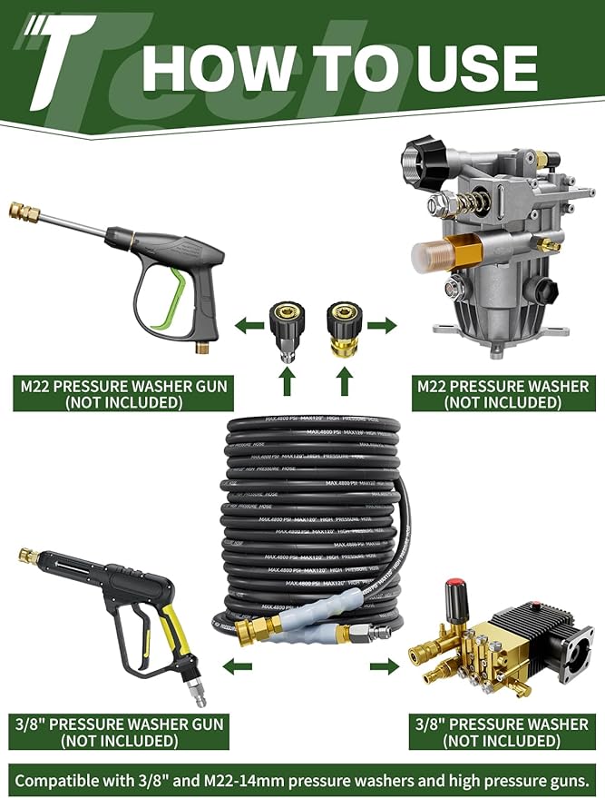 3/8" 4800PSI Pressure Washer Hose 150FT with Swivel Quick Connect for Cold/Hot Water Max 248°F, Kink Resistant Steel Wire Braided, Wear Resistant Power Washer Hose with M22 14mm Adapter