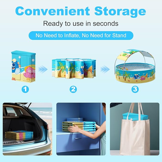 Foldable Swimming Pool with Canopy for Kids 63"x18" Hard Plastic Portable Dog Pool Anti-Slip Collapsible Pets Bathtub Kiddie Pool Indoor Outdoor Backyard (JellieMons 63'')