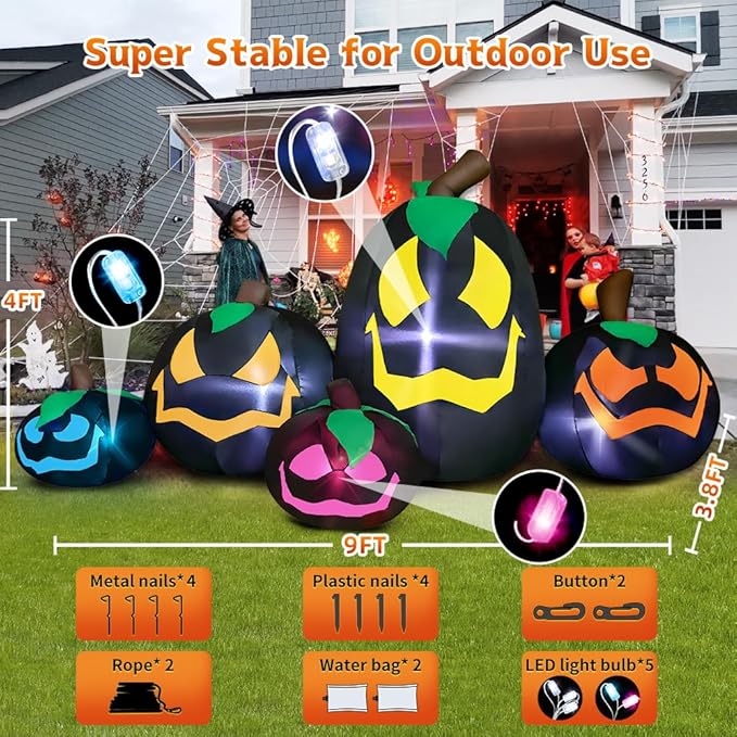 9FT Halloween Inflatables Decoration Outdoor, Pumpkin Inflatable Outdoor Decoration with LED Light, Halloween Inflatables Outdoor Decorations Blow up Pumpkin for Holiday Party Lawn Yard Garden Décor
