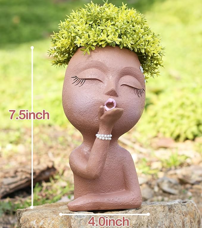 Smiley Face Flower Pot Head Planter for Indoor Outdoor Planter, Girl Statue Flower Pot, Cute Lady Plant Pot, Female Statue Vases with Faces,Succulent Garden Pot with Drainage, Brown