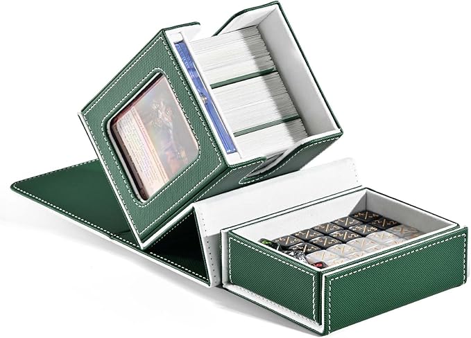ZLCA Card Deck Box with 2 Dividers, Deck Storage Case Fits 100+ Single Sleeved, PU Leather TCG Card Case Holder for Magic Commander Yugioh (Green& White)