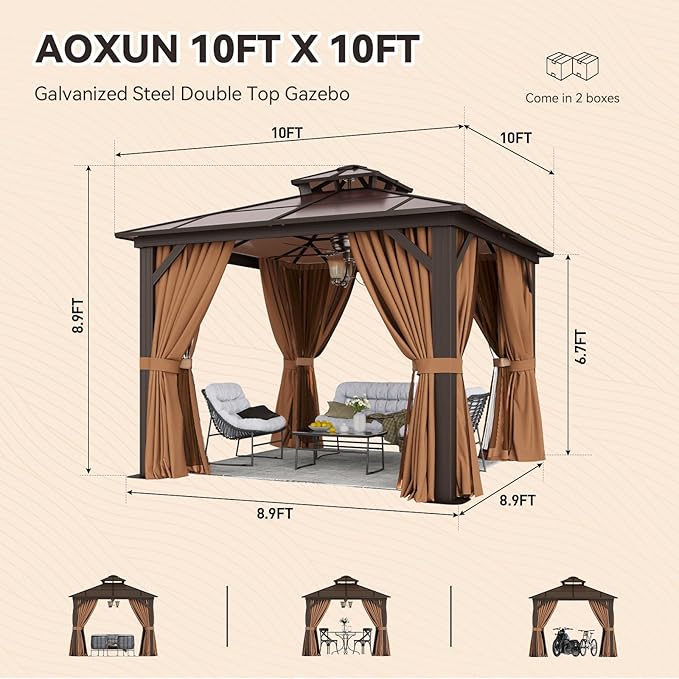 Aoxun 10'x10' Hardtop Gazebo, Aluminum Frame Permanent Pavilion with Netting and Curtains, Outdoor Polycarbonate Double Roof Canopy, Designed for Lawn, Garden, Patio (Khaki)