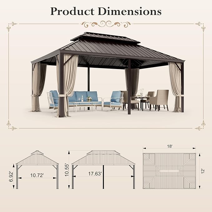 12'x18' Hardtop Aluminum Gazebo, Permanent Outdoor Canopy with Galvanized Steel Double Roof Heavy Duty Pavilion with Curtains and Netting for Garden Patio Lawn Deck
