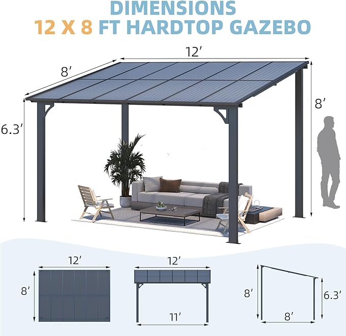 AECOJOY 12' x 8' Gazebo Outdoor Pergola for Patio, Hard Top Lean to 8x12 Gazebo Shelter Pergolas and Gazebos Clearance with Patio Roof, Large Wall-Mounted Heavy Duty Awnings for Patio, Decks, Backyard