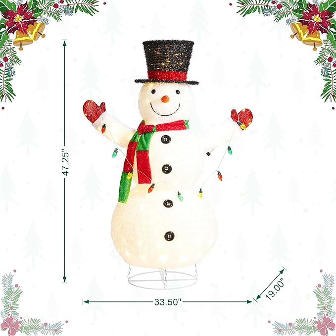 Glitzhome 47.25" H Lighted Christmas Snowman, 3D Foldable Fabric Outdoor Decor with Colorful Bulbs Holiday Lawn Ornament Yard Decoration Outdoor and Indoor use Long-Lasting, 160 Warm White LED