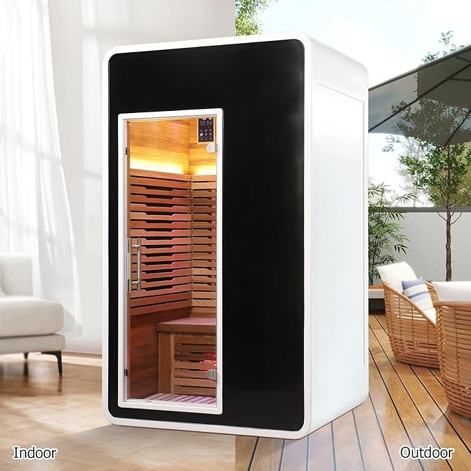 1 Person Infrared Sauna for Home,Canadian Cedar Outdoor Wooden Dry Sauna with Rapid Heating Tubes&Carbon Plate,LCD Control Panel and Tempered Glass Door (1-Person)