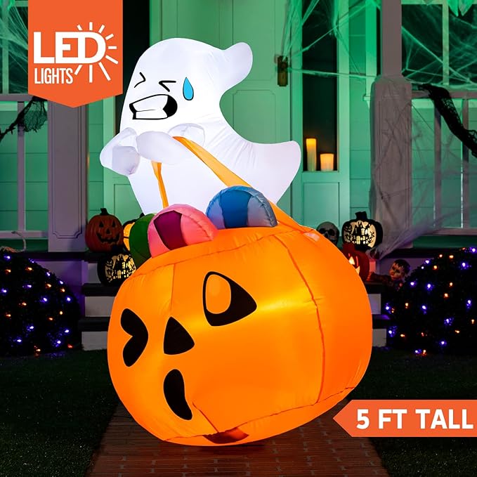 Joiedomi 5 FT Tall Halloween Inflatables Outdoor Decorations, Inflatable Cute Ghost Halloween Decor Outdoor, Blow Up Ghost Lift Pumpkin Candy Bag with Build-in LEDs for Yard Decorations