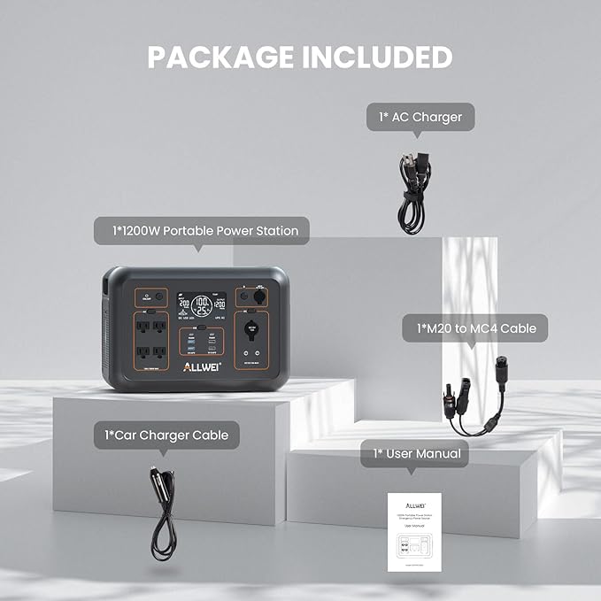 ALLWEI LiFePO4 Portable Power Station 1200W, 1008Wh LiFePO4 Battery, UPS Function, 1.5Hrs Fast Charge, 4 AC Outlets(Peak 2400W), Solar Generator for Outdoor Camping RVs CPAP Home Emergency
