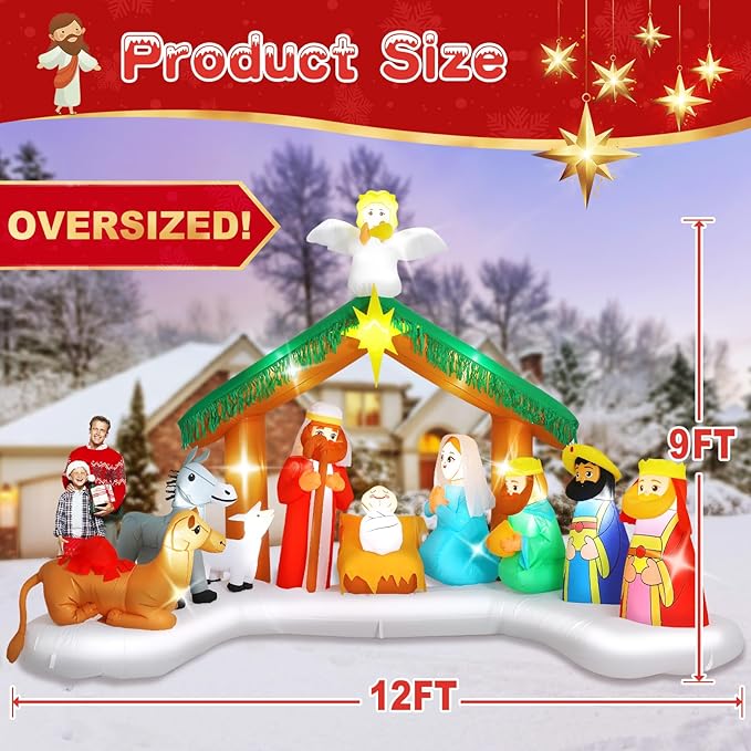 Elegear 12FT Christmas Inflatables Nativity Scene Outdoor Decorations, Giant Christmas Blow Ups Inflatables with Built-in LED Lights & Manger Scene, Large Nativity Set Outdoor for Yard Lawn Xmas Decor