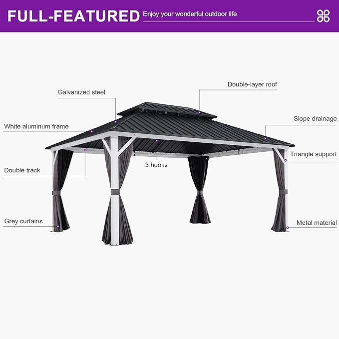 PURPLE LEAF 10' X 14' Hardtop Gazebo, Metal Double Roof White Aluminum Frame Outdoor Heavy Duty Gazebo with Curtain and Netting for Patio, Garden and Backyard, Grey