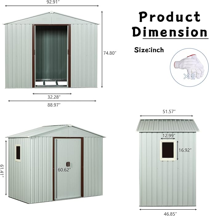 8 x 4 FT Outdoor Storage Shed, Metal Garden Shed with Floor Frame, Tool Shed Outdoor Storage with Lockable Sliding Doors & Window & Air Vents, Storage House Waterproof for Backyard, Lawn, White