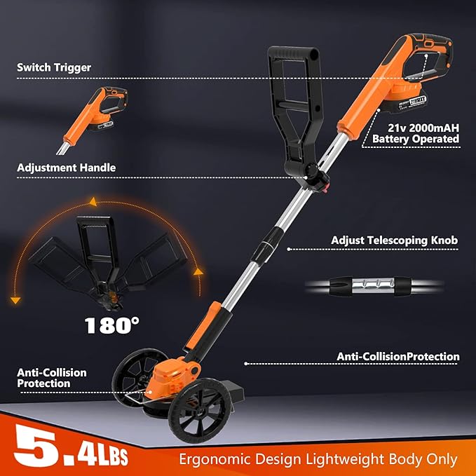 Electric Weed Wacker Eater Cordless Battery Powered, Weed Trimmer 21V Lightweight No-String with 2 Battery Operated & Wheels, 3 in 1 Stringless Grass Trimmer/Edger/Brush Cutter for Garden Yard Lawn