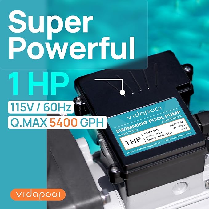 In/Above Ground Pool Pump, Self Primming High Flow (Single Speed, 1HP, 5400 GPH, 115V)