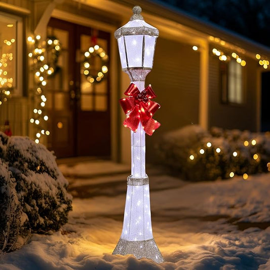 60-Inch Outdoor Christmas Decorations Outdoor Lighted Lamp Post 3D Lamppost LED Lighted Post Christmas Decoration with 128 LED Lights & Bow Holiday Decorations for Yard, Porch, Patio