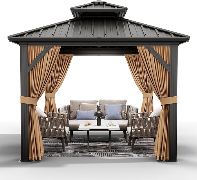 10'x10' Hardtop Gazebo, Heavy Duty Aluminum Permanent Hardtop Gazebo Outdoor Pavilion with Curtains and Netting for Garden (Khaki, 10'x10')