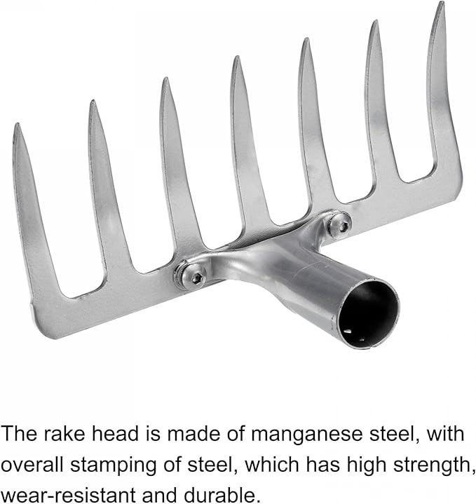 uxcell 7 Teeth Garden Rake Head, Galvanized Manganese Steel Stone Rake for Garden Farm Backyard Without Handle Hard Rake Head Only, Silver Tone