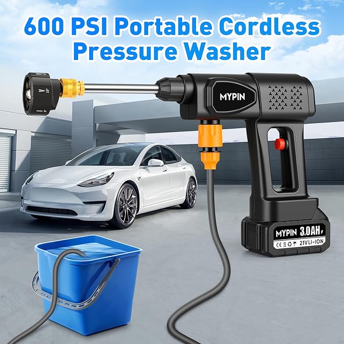 Portable Cordless Pressure Washer, 600 PSI 21V 2x3.0Ah Rechargeable Batteries Powered Pressure Washer, 6-in-1 Nozzle with Jet Nozzles for Car Floor Wall Fence Cleaning Pet Cleaning