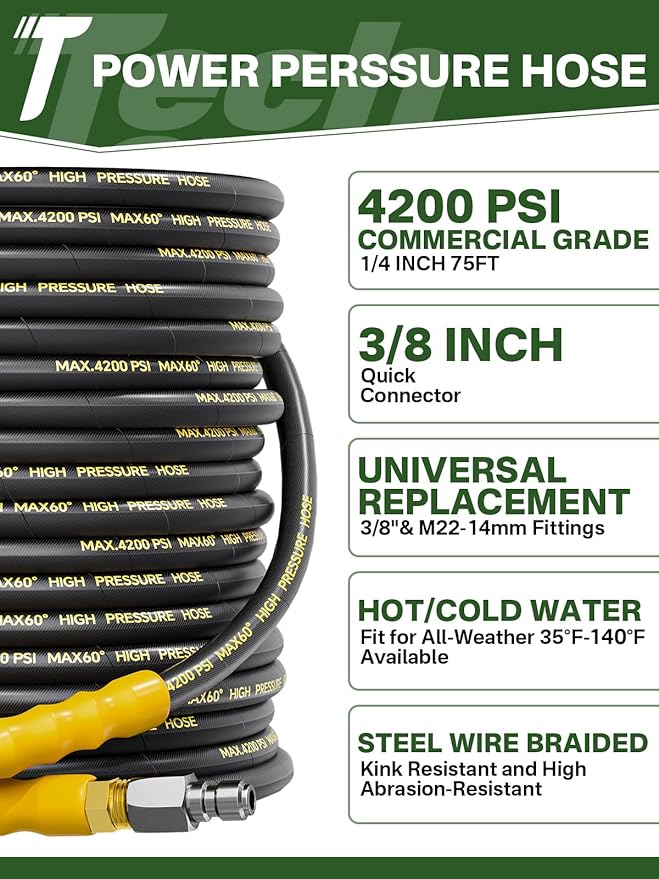 4200PSI Pressure Washer Hose 75FT with 3/8" Swivel Quick Connect for Cold/Hot Water, Kink Resistant Steel Wire Braided, Wear Resistant Power Washer Hose with 2 M22 14mm Adapter Set
