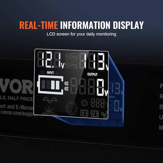VEVOR Modified Sine Wave Inverter, 3000Watt Power Inverter DC 12V to AC 120V LCD Display with 3 AC Outlets 2 USB Port 1 Type-C Port 10 Spare Fuses, for Large Household Equipment, CE FCC Certified