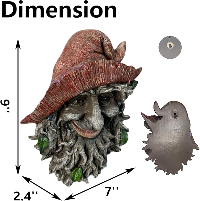 Tree Face Sculpture, Funny Red Cap Old Man Tree Hugger Statue, Indoor & Outdoor Creative Props for Garden and Home,9" x 7" x 2.4"