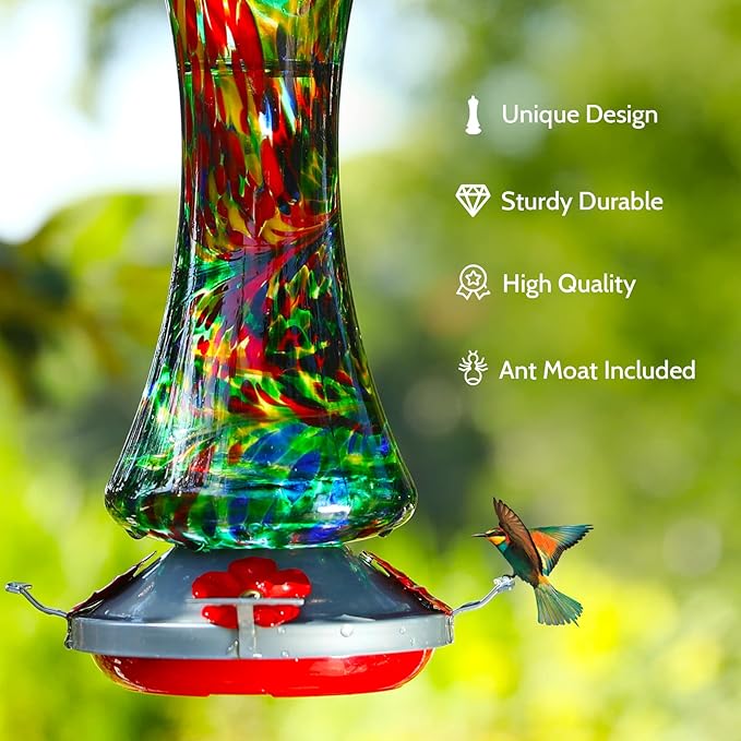Glass Hummingbird Feeder for Outdoors: Window Hanging Hummingbirds Gifts for Women - Ant Moat Included, Metal Base with 4 Feeding Ports & Perch, Leak Proof, 38 fl.oz, Best Garden Decor