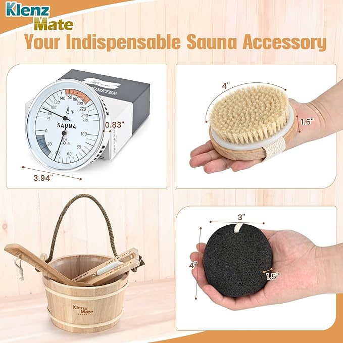 6 Pcs Sauna Accessories Kit, Bucket and Ladle Set, Thermo-Hygrometer, Sauna Hourglass, Brush, Exfoliating Volcanic Rocks, Sauna Set, Wooden Sauna Bucket, 1 Gallon (4 L) Water Capacity, Handmade