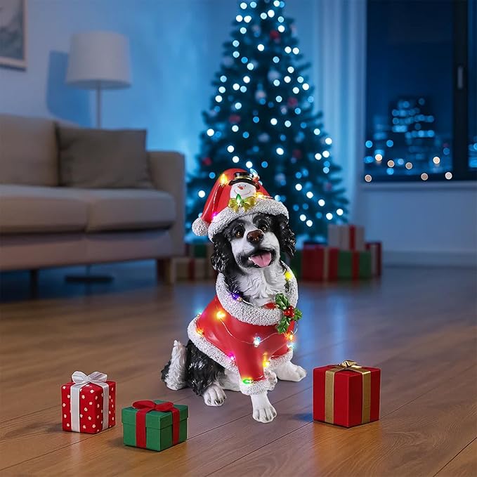 Christmas Outdoor Decoration Dog Statue, LED Light Cute Springer Spaniel Dog Sculpture with Santa Outfit & Lights for Garden and Yard, Indoor Holiday Décor Gift for mom and dad