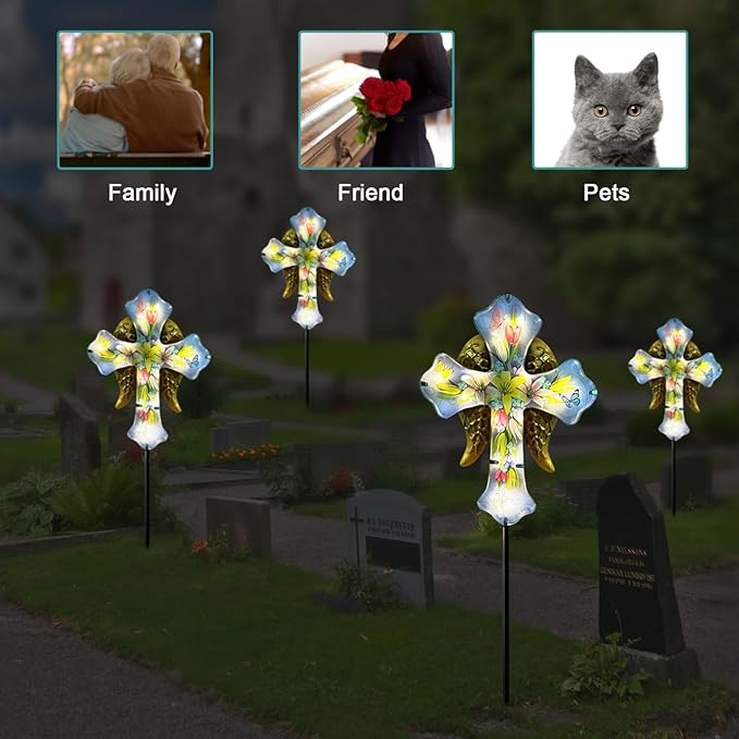 Solar Cross Garden Stake Lights,Metal Angel Wing & Acrylic Flowers Cross Solar Christmas Lights Outdoor,Waterproof Memorial Garden Decor for Cemetery,Grave,and Remembrance Gifts